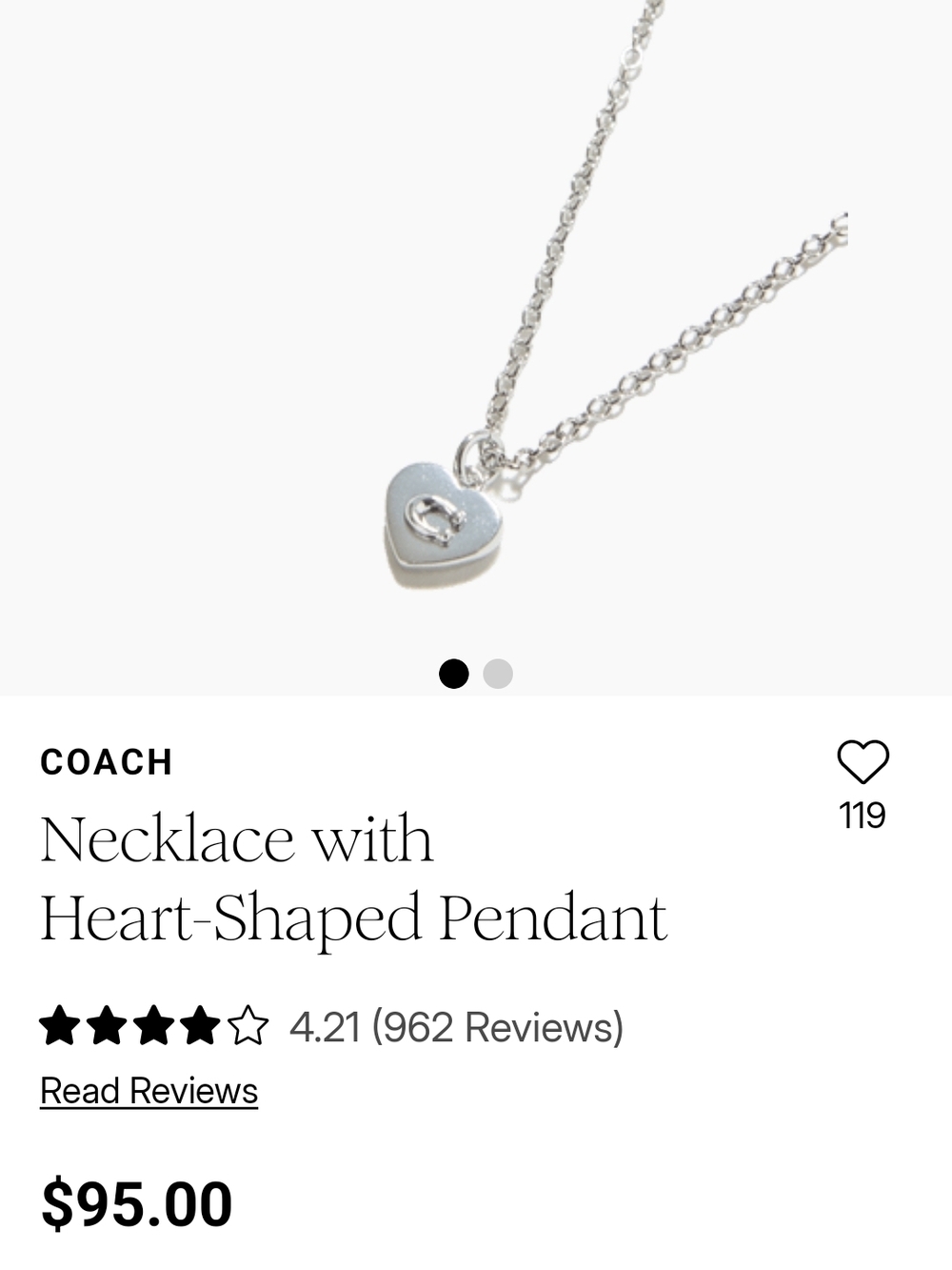 COACH Silver Heart Pendant Necklace NIB 16 Inch